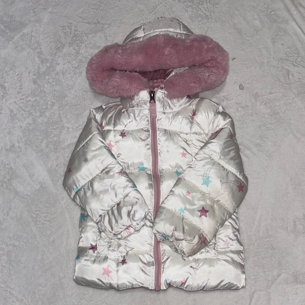 Snozu Kids Star Patterned Jacket with Pink Fur lining and Trim